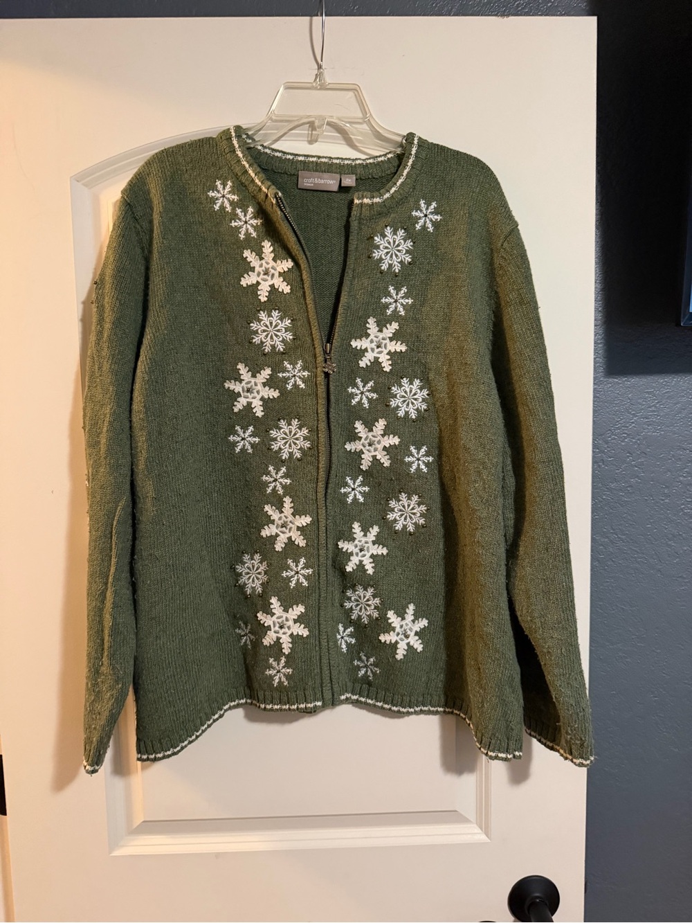 Croft & Barrow 2X Green Snowflake Zip-Up Cardigan Sweater